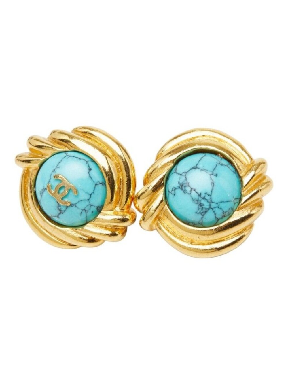 Chanel CC Logo Earrings Gold Turquoise Plated Stone